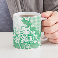 Green Palaka Hawaiian And Japanese Ceramic Mug Maneki Neko And Sakura Bloom DT05 - Polynesian Pride