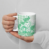 Green Palaka Hawaiian And Japanese Ceramic Mug Maneki Neko And Sakura Bloom DT05 - Polynesian Pride