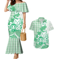 Green Palaka Hawaiian And Japanese Couples Matching Mermaid Dress and Hawaiian Shirt Maneki Neko And Sakura Bloom