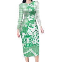 Green Palaka Hawaiian And Japanese Family Matching Long Sleeve Bodycon Dress and Hawaiian Shirt Maneki Neko And Sakura Bloom