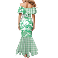 Green Palaka Hawaiian And Japanese Family Matching Mermaid Dress and Hawaiian Shirt Maneki Neko And Sakura Bloom