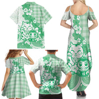 Green Palaka Hawaiian And Japanese Family Matching Summer Maxi Dress and Hawaiian Shirt Maneki Neko And Sakura Bloom