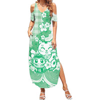 Green Palaka Hawaiian And Japanese Family Matching Summer Maxi Dress and Hawaiian Shirt Maneki Neko And Sakura Bloom