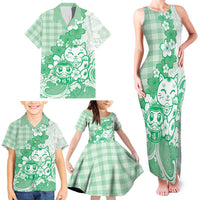 Green Palaka Hawaiian And Japanese Family Matching Tank Maxi Dress and Hawaiian Shirt Maneki Neko And Sakura Bloom