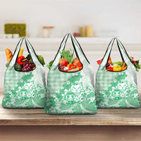 Green Palaka Hawaiian And Japanese Grocery Bag Maneki Neko And Sakura Bloom