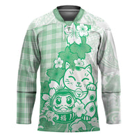 Green Palaka Hawaiian And Japanese Hockey Jersey Maneki Neko And Sakura Bloom