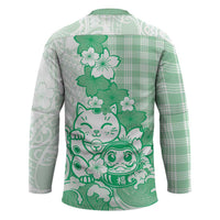 Green Palaka Hawaiian And Japanese Hockey Jersey Maneki Neko And Sakura Bloom