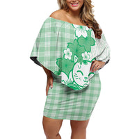 Green Palaka Hawaiian And Japanese Off Shoulder Short Dress Maneki Neko And Sakura Bloom DT05 Women Green - Polynesian Pride