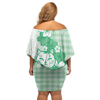 Green Palaka Hawaiian And Japanese Off Shoulder Short Dress Maneki Neko And Sakura Bloom DT05 - Polynesian Pride