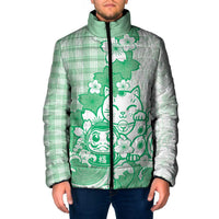 Green Palaka Hawaiian And Japanese Padded Jacket Maneki Neko And Sakura Bloom DT05 Men Green - Polynesian Pride
