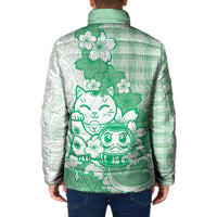 Green Palaka Hawaiian And Japanese Padded Jacket Maneki Neko And Sakura Bloom DT05 - Polynesian Pride