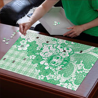 Green Palaka Hawaiian And Japanese Puzzle Maneki Neko And Sakura Bloom