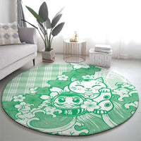 Green Palaka Hawaiian And Japanese Round Carpet Maneki Neko And Sakura Bloom