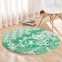 Green Palaka Hawaiian And Japanese Round Carpet Maneki Neko And Sakura Bloom