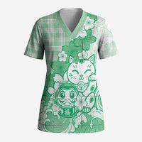 Green Palaka Hawaiian And Japanese Scrub Top Maneki Neko And Sakura Bloom DT05 Adult Green - Polynesian Pride