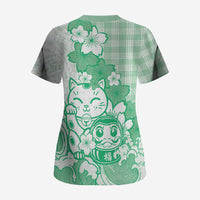 Green Palaka Hawaiian And Japanese Scrub Top Maneki Neko And Sakura Bloom DT05 - Polynesian Pride