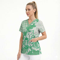 Green Palaka Hawaiian And Japanese Scrub Top Maneki Neko And Sakura Bloom DT05 - Polynesian Pride