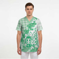 Green Palaka Hawaiian And Japanese Scrub Top Maneki Neko And Sakura Bloom DT05 - Polynesian Pride