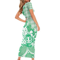 Green Palaka Hawaiian And Japanese Short Sleeve Bodycon Dress Maneki Neko And Sakura Bloom