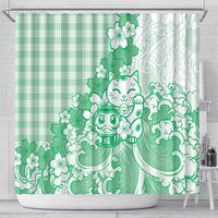 Green Palaka Hawaiian And Japanese Shower Curtain Maneki Neko And Sakura Bloom