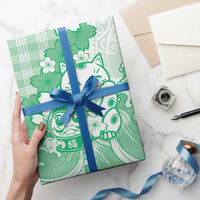 Green Palaka Hawaiian And Japanese Wrapping Paper Maneki Neko And Sakura Bloom DT05 - Polynesian Pride