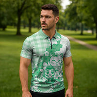 Green Palaka Hawaiian And Japanese Zipper Polo Shirt Maneki Neko And Sakura Bloom