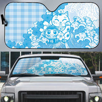 Blue Palaka Hawaiian And Japanese Auto Sun Shade Maneki Neko And Sakura Bloom DT05 Blue - Polynesian Pride