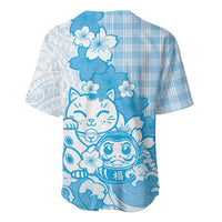 Blue Palaka Hawaiian And Japanese Baseball Jersey Maneki Neko And Sakura Bloom
