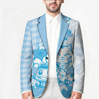 Blue Palaka Hawaiian And Japanese Blazer Maneki Neko And Sakura Bloom