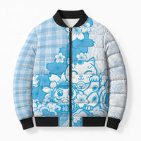 Blue Palaka Hawaiian And Japanese Bomber Puffer Jacket Maneki Neko And Sakura Bloom DT05 Unisex Blue - Polynesian Pride