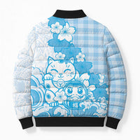 Blue Palaka Hawaiian And Japanese Bomber Puffer Jacket Maneki Neko And Sakura Bloom DT05 - Polynesian Pride