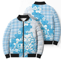 Blue Palaka Hawaiian And Japanese Bomber Puffer Jacket Maneki Neko And Sakura Bloom DT05 - Polynesian Pride