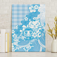 Blue Palaka Hawaiian And Japanese Canvas Wall Art Maneki Neko And Sakura Bloom DT05 Without Frame Blue - Polynesian Pride