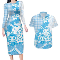 Blue Palaka Hawaiian And Japanese Couples Matching Long Sleeve Bodycon Dress and Hawaiian Shirt Maneki Neko And Sakura Bloom