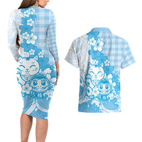 Blue Palaka Hawaiian And Japanese Couples Matching Long Sleeve Bodycon Dress and Hawaiian Shirt Maneki Neko And Sakura Bloom