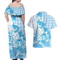 Blue Palaka Hawaiian And Japanese Couples Matching Off Shoulder Maxi Dress and Hawaiian Shirt Maneki Neko And Sakura Bloom