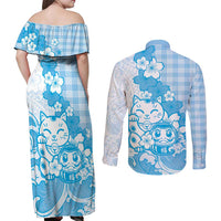 Blue Palaka Hawaiian And Japanese Couples Matching Off Shoulder Maxi Dress and Long Sleeve Button Shirt Maneki Neko And Sakura Bloom