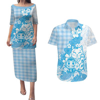 Blue Palaka Hawaiian And Japanese Couples Matching Puletasi and Hawaiian Shirt Maneki Neko And Sakura Bloom