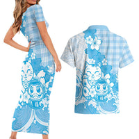 Blue Palaka Hawaiian And Japanese Couples Matching Short Sleeve Bodycon Dress and Hawaiian Shirt Maneki Neko And Sakura Bloom