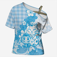 Blue Palaka Hawaiian And Japanese Cross Shoulder Shirt Maneki Neko And Sakura Bloom