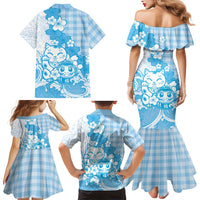 Blue Palaka Hawaiian And Japanese Family Matching Mermaid Dress and Hawaiian Shirt Maneki Neko And Sakura Bloom