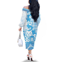 Blue Palaka Hawaiian And Japanese Family Matching Off The Shoulder Long Sleeve Dress and Hawaiian Shirt Maneki Neko And Sakura Bloom