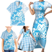 Blue Palaka Hawaiian And Japanese Family Matching Short Sleeve Bodycon Dress and Hawaiian Shirt Maneki Neko And Sakura Bloom