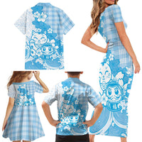Blue Palaka Hawaiian And Japanese Family Matching Short Sleeve Bodycon Dress and Hawaiian Shirt Maneki Neko And Sakura Bloom