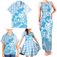 Blue Palaka Hawaiian And Japanese Family Matching Tank Maxi Dress and Hawaiian Shirt Maneki Neko And Sakura Bloom