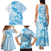 Blue Palaka Hawaiian And Japanese Family Matching Tank Maxi Dress and Hawaiian Shirt Maneki Neko And Sakura Bloom