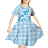 Blue Palaka Hawaiian And Japanese Kid Short Sleeve Dress Maneki Neko And Sakura Bloom