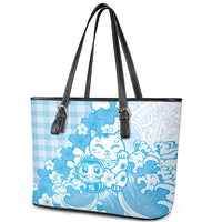Blue Palaka Hawaiian And Japanese Leather Tote Bag Maneki Neko And Sakura Bloom