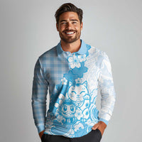 Blue Palaka Hawaiian And Japanese Long Sleeve Polo Shirt Maneki Neko And Sakura Bloom DT05 - Polynesian Pride