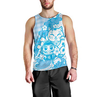 Blue Palaka Hawaiian And Japanese Men Tank Top Maneki Neko And Sakura Bloom DT05 - Polynesian Pride